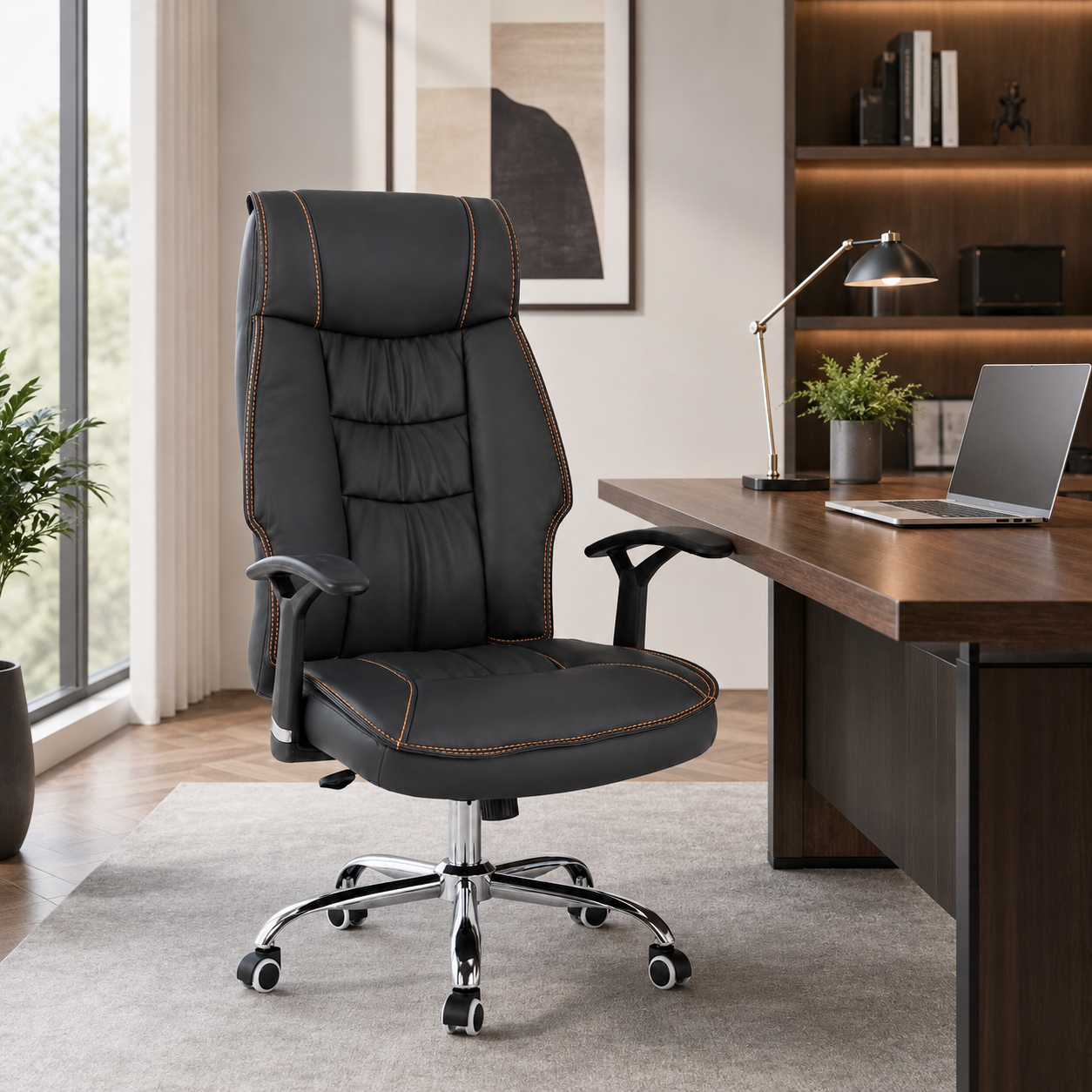 Premium Ergonomic Executive Office High-Back Padded Luxury Desk Chair with Contrast Stitching, 360° Swivel Chrome Base & Adjustable Height Workstation (Black)