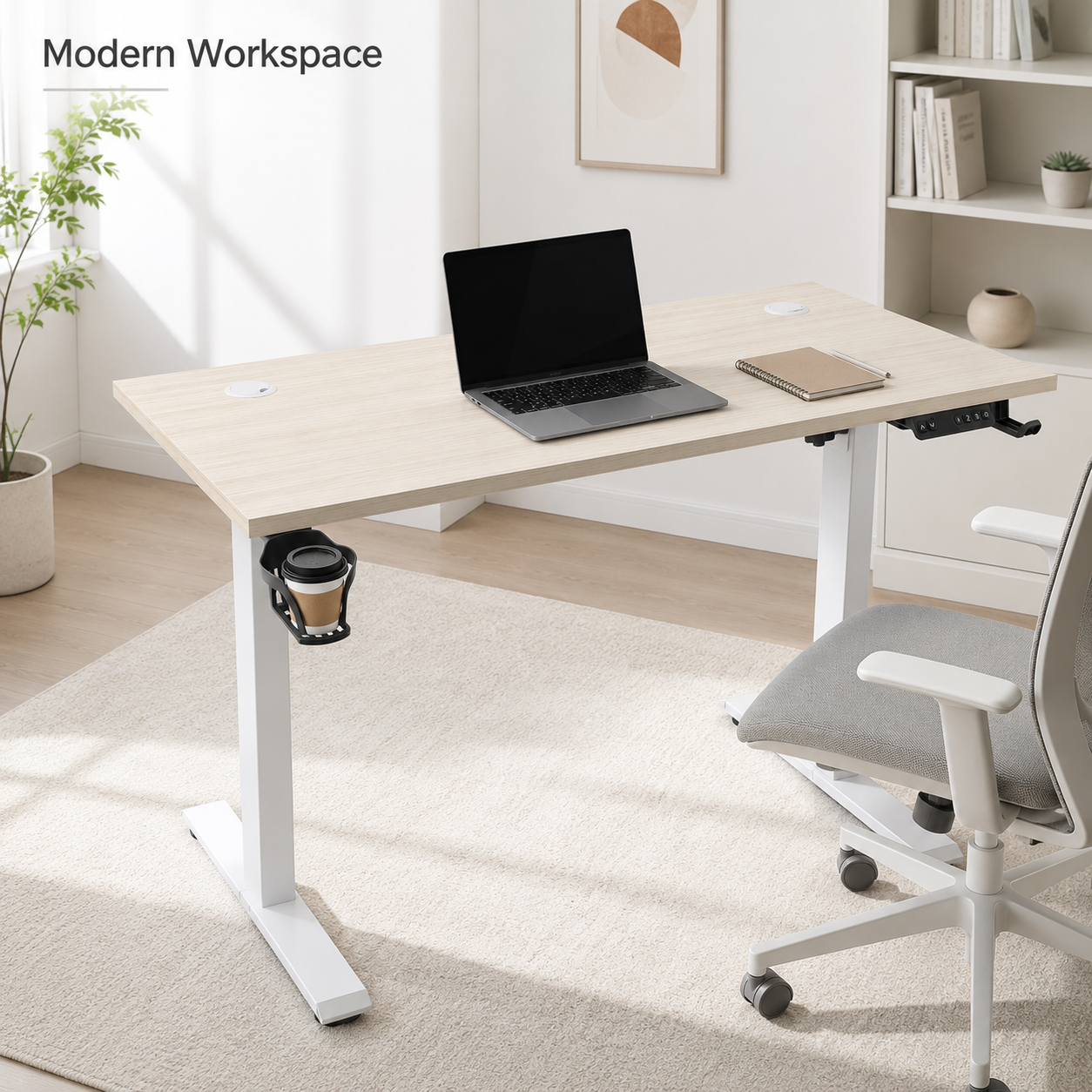 Electric Height Adjustable Standing Desk 120cm Smart Control Panel Sit Stand Motorized Office Desk with Cup Holder & Cable Ports (Light Wood)