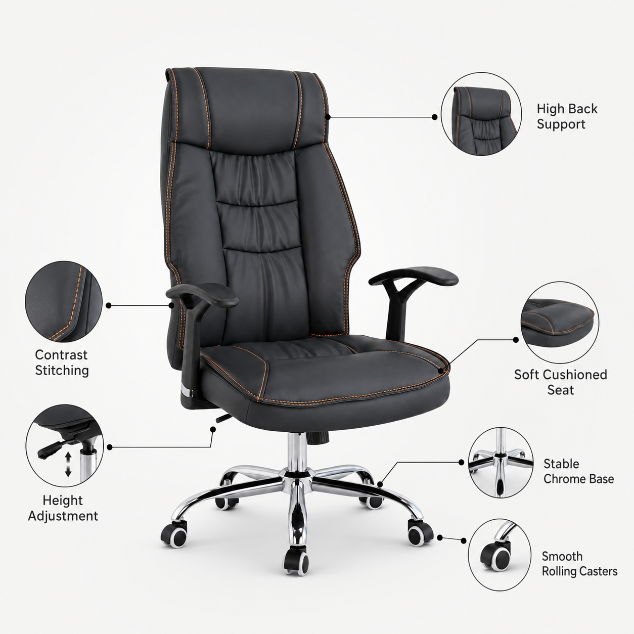 Premium Ergonomic Executive Office High-Back Padded Luxury Desk Chair with Contrast Stitching, 360° Swivel Chrome Base & Adjustable Height Workstation (Black)