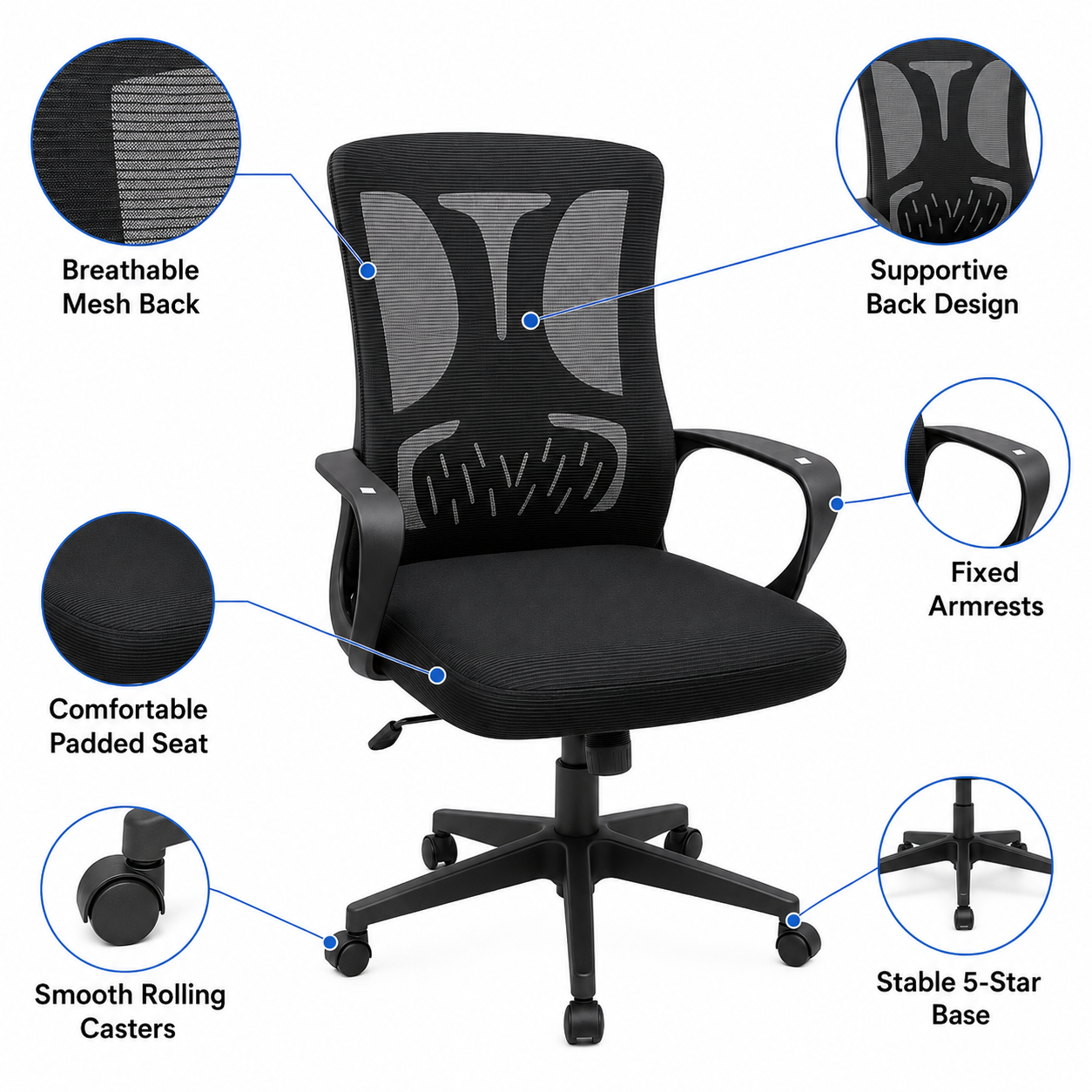 Ergonomic Mesh Office Chair Mid-Back Desk Task Chair with Built-In Lumbar Support, Comfort Padded Seat, 360° Swivel Workstation for Home Office & Study
