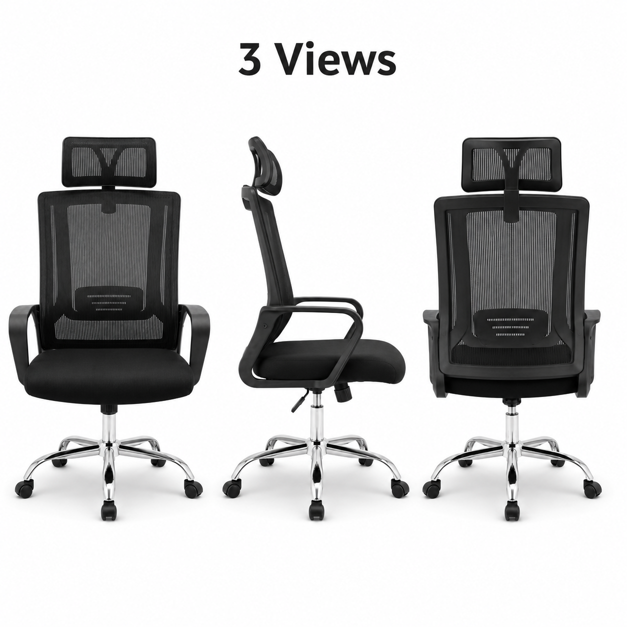 Ergonomic Mesh Executive Office Chair – High Back Desk Chair with Adjustable Headrest, Lumbar Support, 360° Swivel Chrome Base & Comfort Armrests for Home Office, Study (Black)