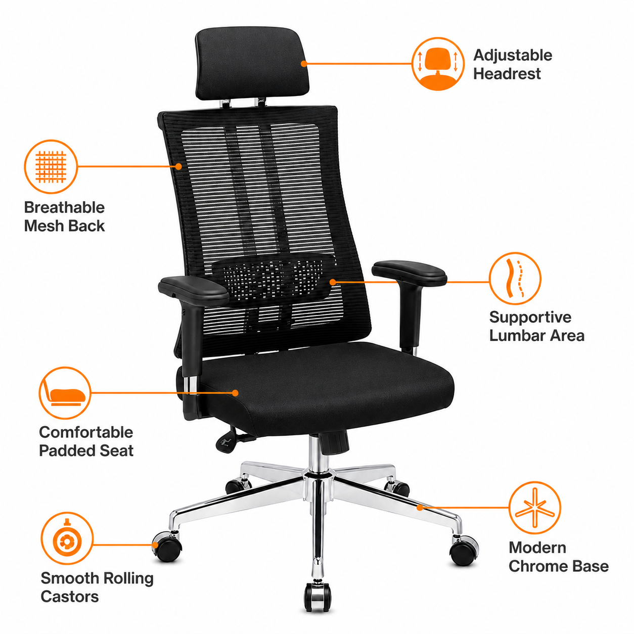 Ergonomic Mesh Executive Office Chair – High-Back Desk Chair with Adjustable Headrest, Lumbar Support, 360° Swivel Chrome Base & Padded Height-Adjustable Armrests (Black)