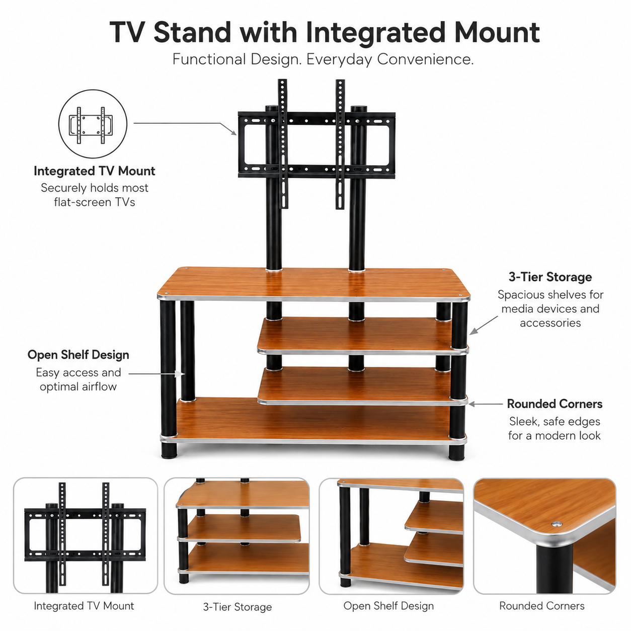 Smart Asymmetric TV Stand with Integrated Mount for 32–55 Inch TVs – 3-Tier Right-Stacked Open Storage Console Table, Heavy-Duty Media Center for Subwoofers & Living Room
