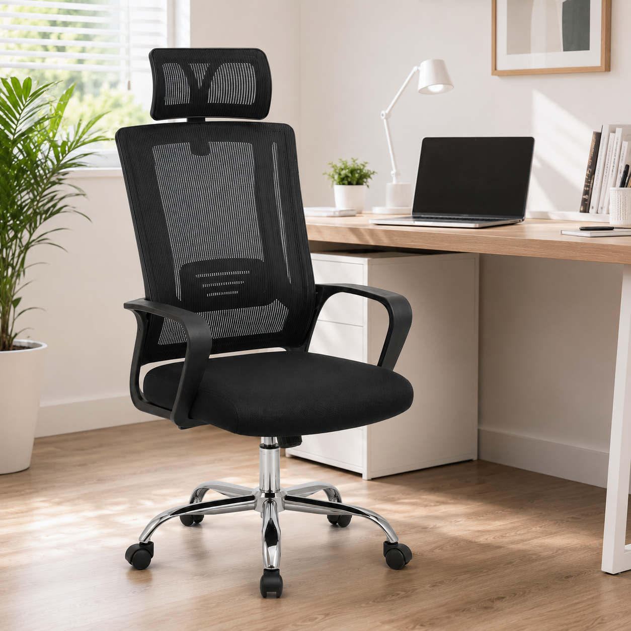 Ergonomic Mesh Executive Office Chair – High Back Desk Chair with Adjustable Headrest, Lumbar Support, 360° Swivel Chrome Base & Comfort Armrests for Home Office, Study (Black)