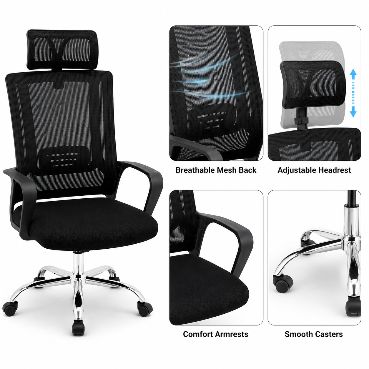 Ergonomic Mesh Executive Office Chair – High Back Desk Chair with Adjustable Headrest, Lumbar Support, 360° Swivel Chrome Base & Comfort Armrests for Home Office, Study (Black)