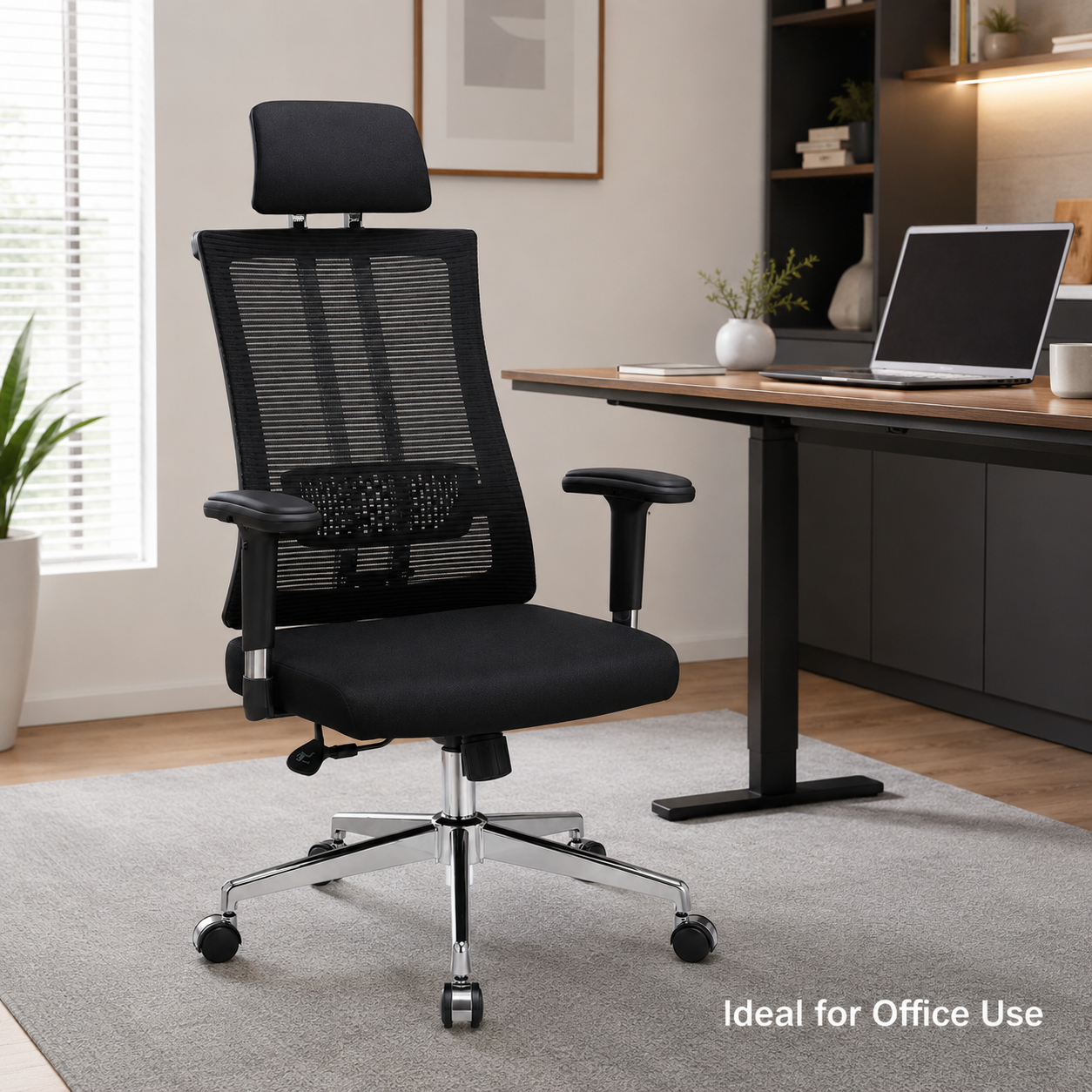 Ergonomic Mesh Executive Office Chair – High-Back Desk Chair with Adjustable Headrest, Lumbar Support, 360° Swivel Chrome Base & Padded Height-Adjustable Armrests (Black)