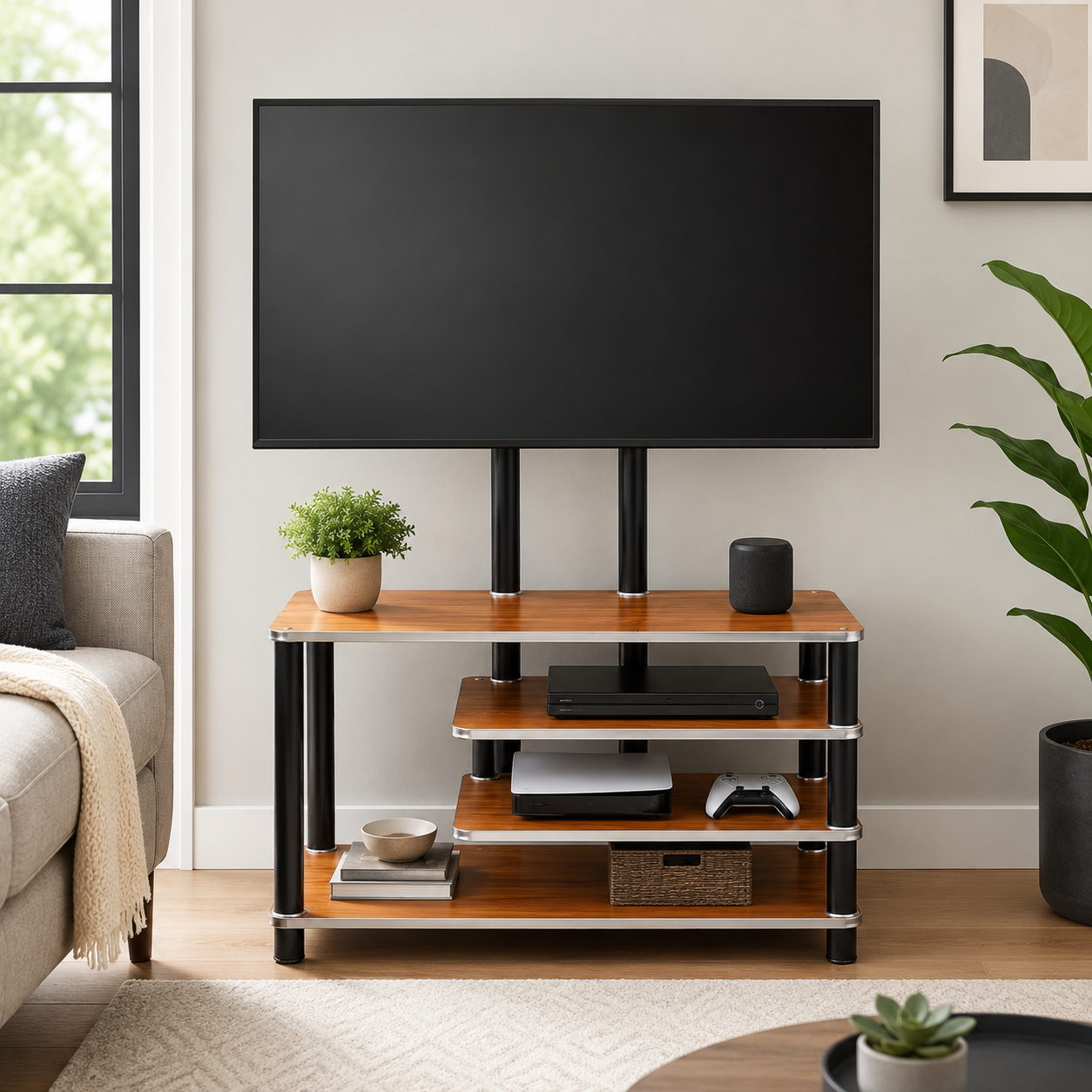Smart Asymmetric TV Stand with Integrated Mount for 32–55 Inch TVs – 3-Tier Right-Stacked Open Storage Console Table, Heavy-Duty Media Center for Subwoofers & Living Room