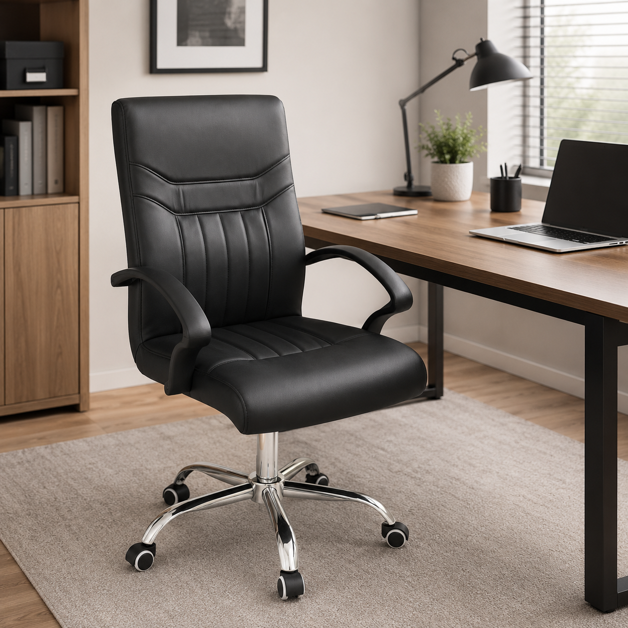 Ergonomic Executive Office Chair – Premium Mid-Back Padded Faux Leather Desk Chair with 360° Swivel Chrome 5-Star Base, Height Adjustment & Comfortable Fixed Armrests (Black)