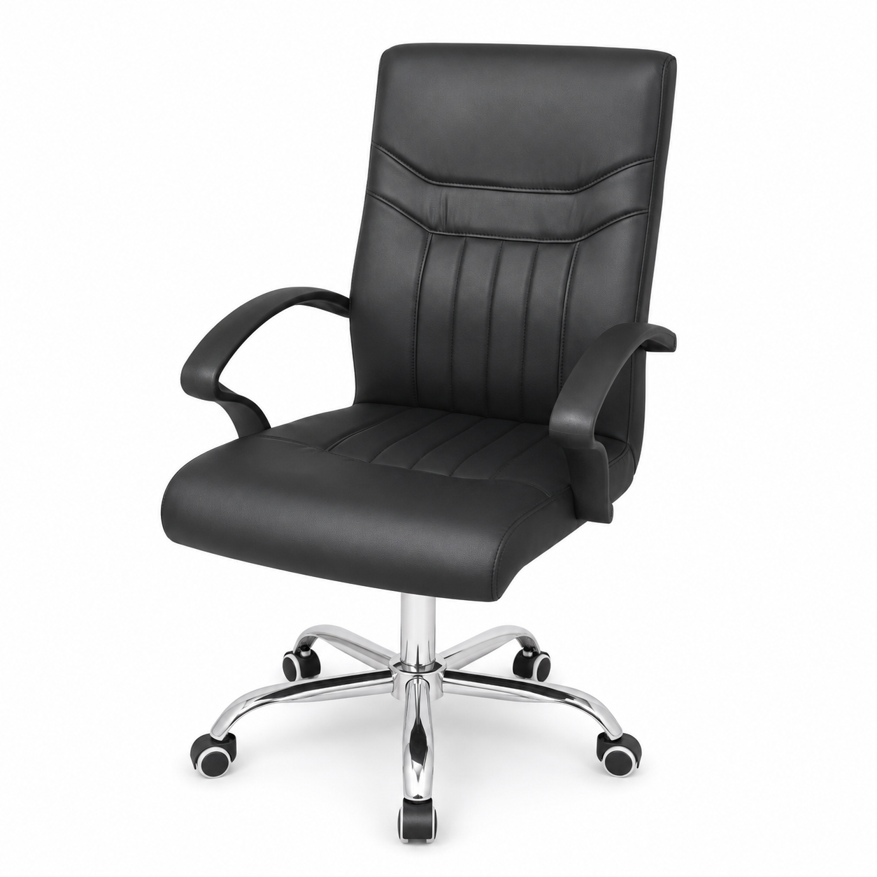 Ergonomic Executive Office Chair – Premium Mid-Back Padded Faux Leather Desk Chair with 360° Swivel Chrome 5-Star Base, Height Adjustment & Comfortable Fixed Armrests (Black)