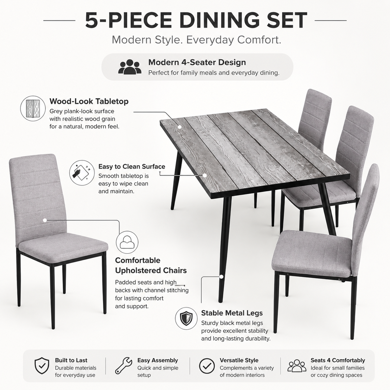 Modern 5-Piece Dining Table Set – Weathered Gray Wood-Style Table with 4 Matching Channel-Stitched Upholstered Fabric Chairs, Stable Metal Legs for Home Kitchen, Airbnb