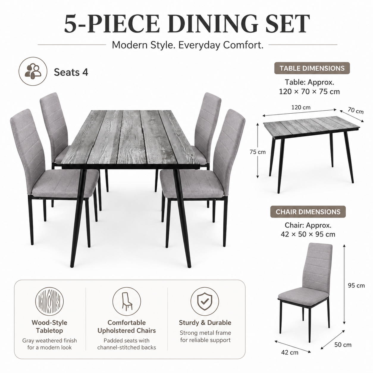 Modern 5-Piece Dining Table Set – Weathered Gray Wood-Style Table with 4 Matching Channel-Stitched Upholstered Fabric Chairs, Stable Metal Legs for Home Kitchen, Airbnb