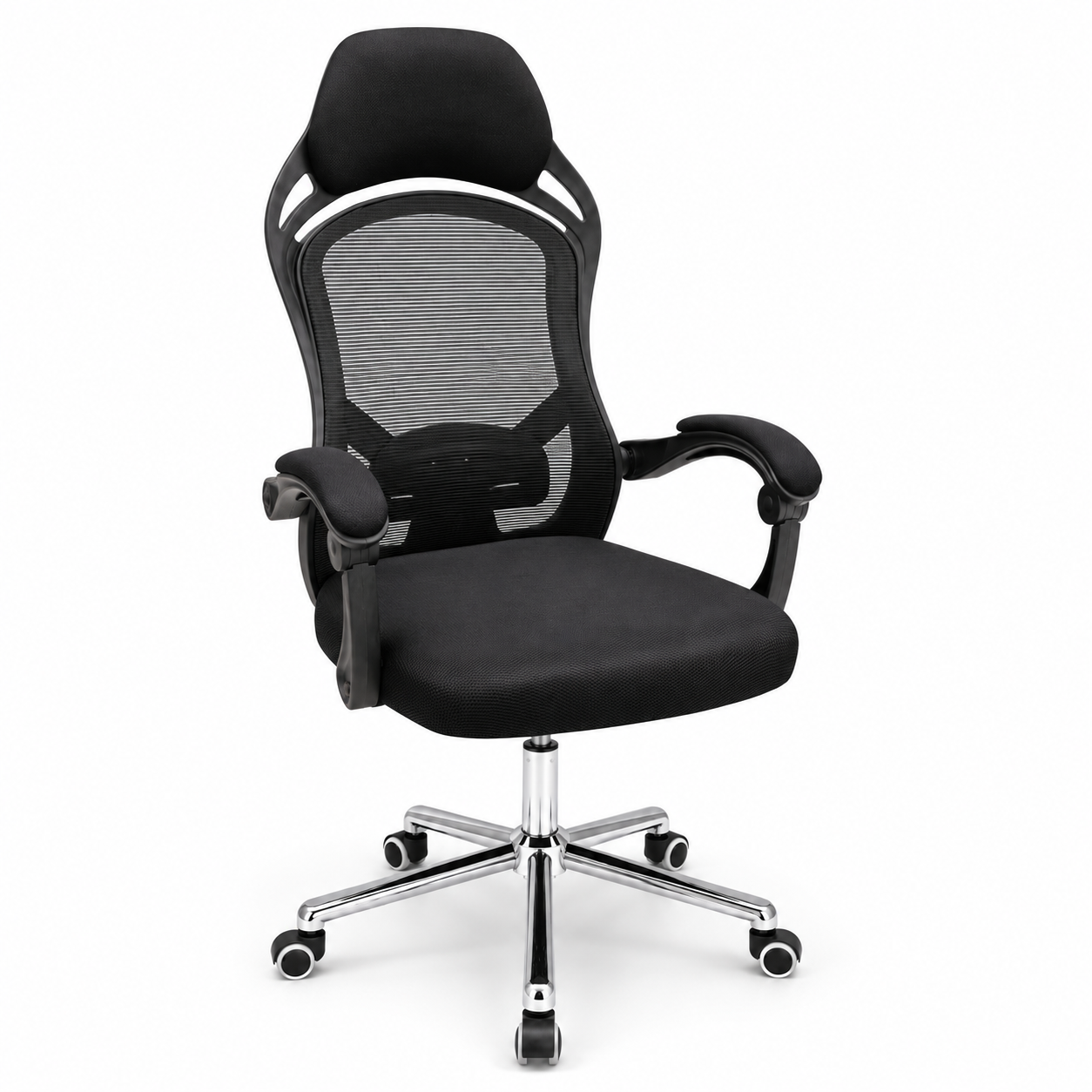 Ergonomic Mesh Executive Office Chair High-Back Desk Chair with Integrated Headrest, Lumbar Support, 360° Swivel Chrome Base & Padded Armrests (Black)
