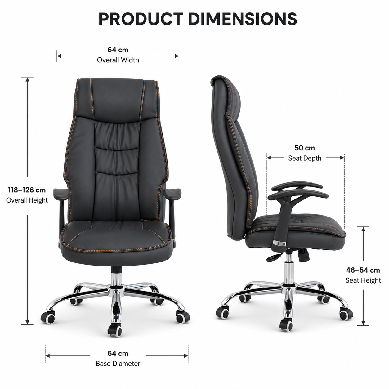 Premium Ergonomic Executive Office High-Back Padded Luxury Desk Chair with Contrast Stitching, 360° Swivel Chrome Base & Adjustable Height Workstation (Black)
