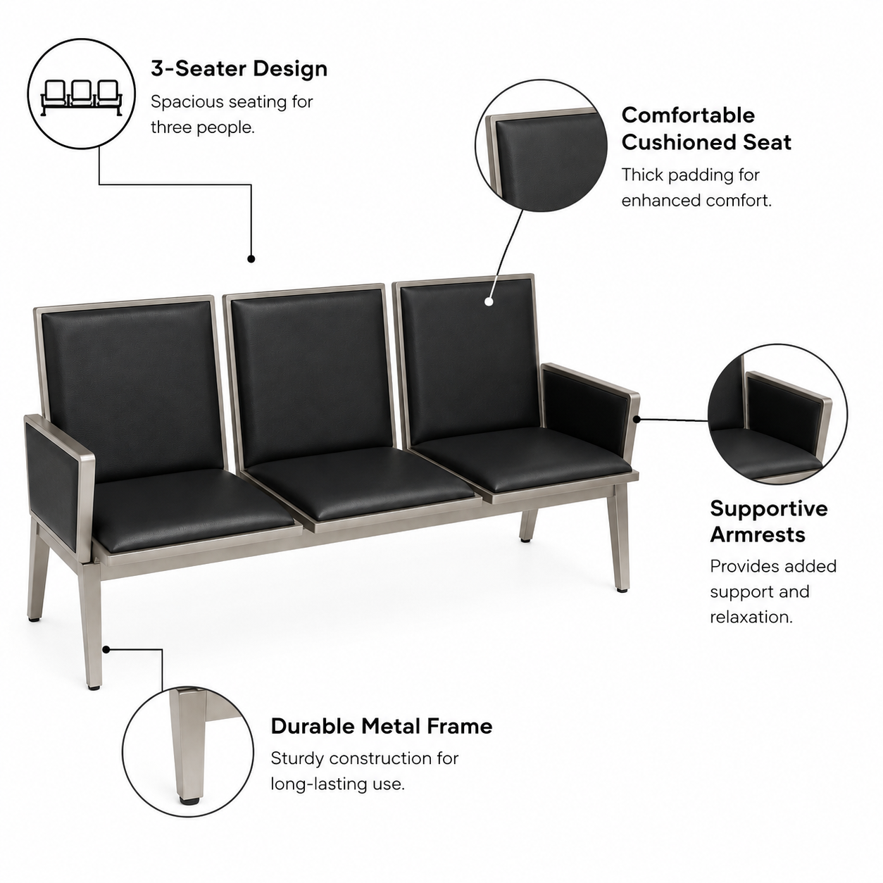 Executive 3-Seater Waiting Bench Sofa – Premium Metal Reception Airport Bench with Cushioned PU Leather Padding and Side Armrests for Office, Clinic Lounge, Salon, Bank