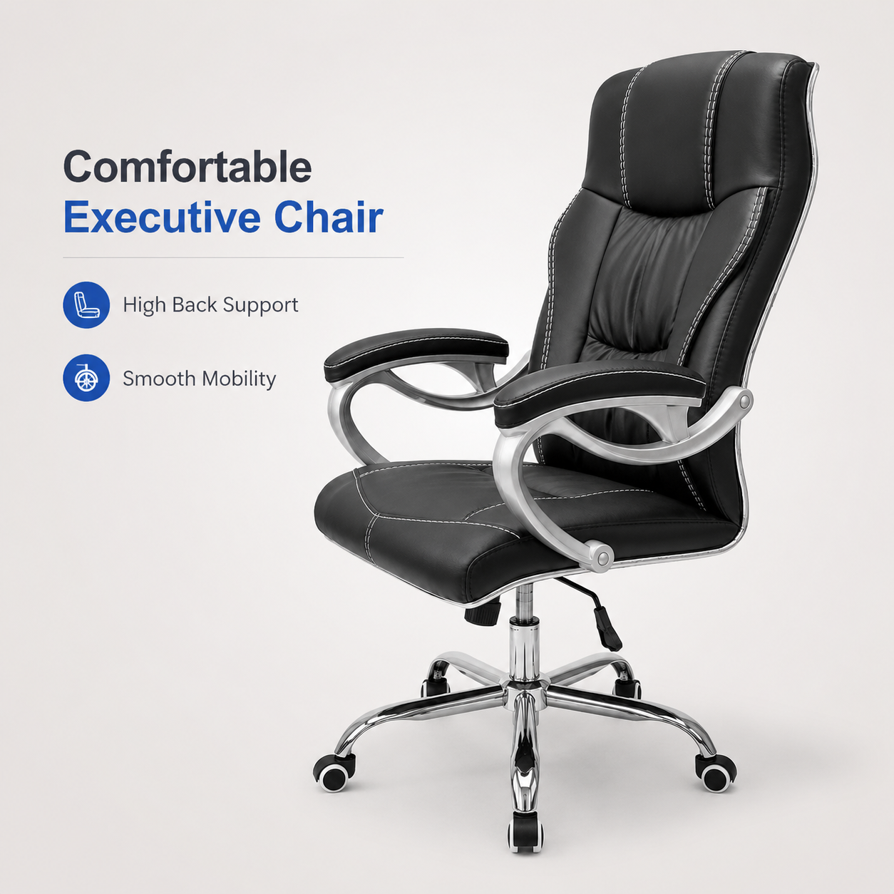 Premium Ergonomic Executive Office Chair F226-1 – High Back Padded Luxury Desk Chair with Chrome 5-Star Swivel Base, Height Adjustment & Soft Armrests for Office, Home Study (Black)