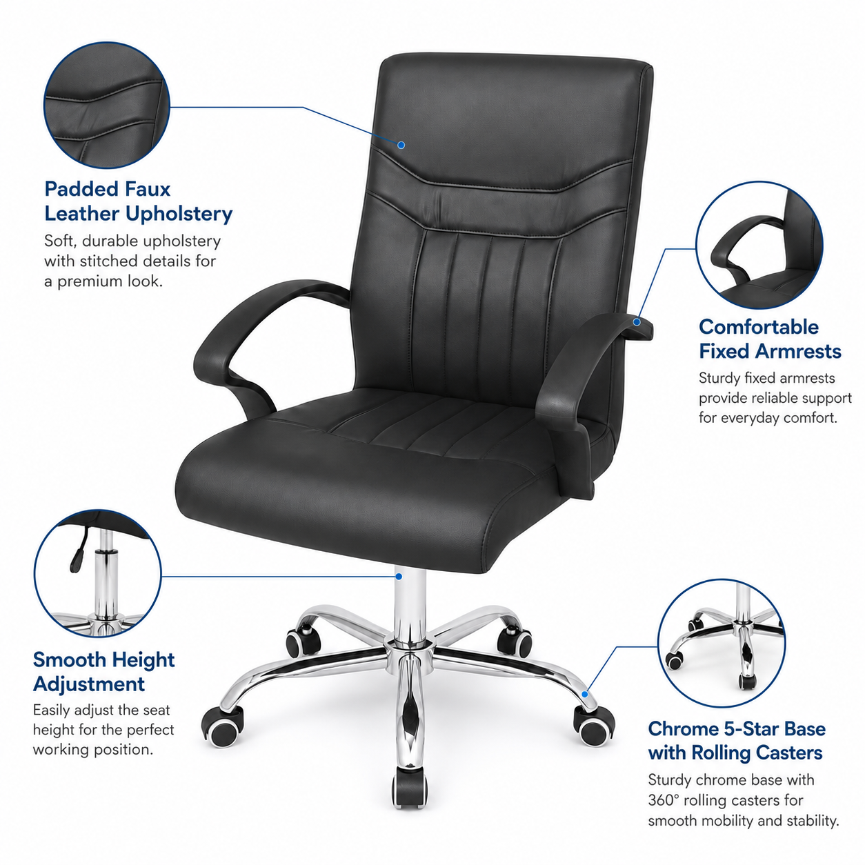 Ergonomic Executive Office Chair – Premium Mid-Back Padded Faux Leather Desk Chair with 360° Swivel Chrome 5-Star Base, Height Adjustment & Comfortable Fixed Armrests (Black)