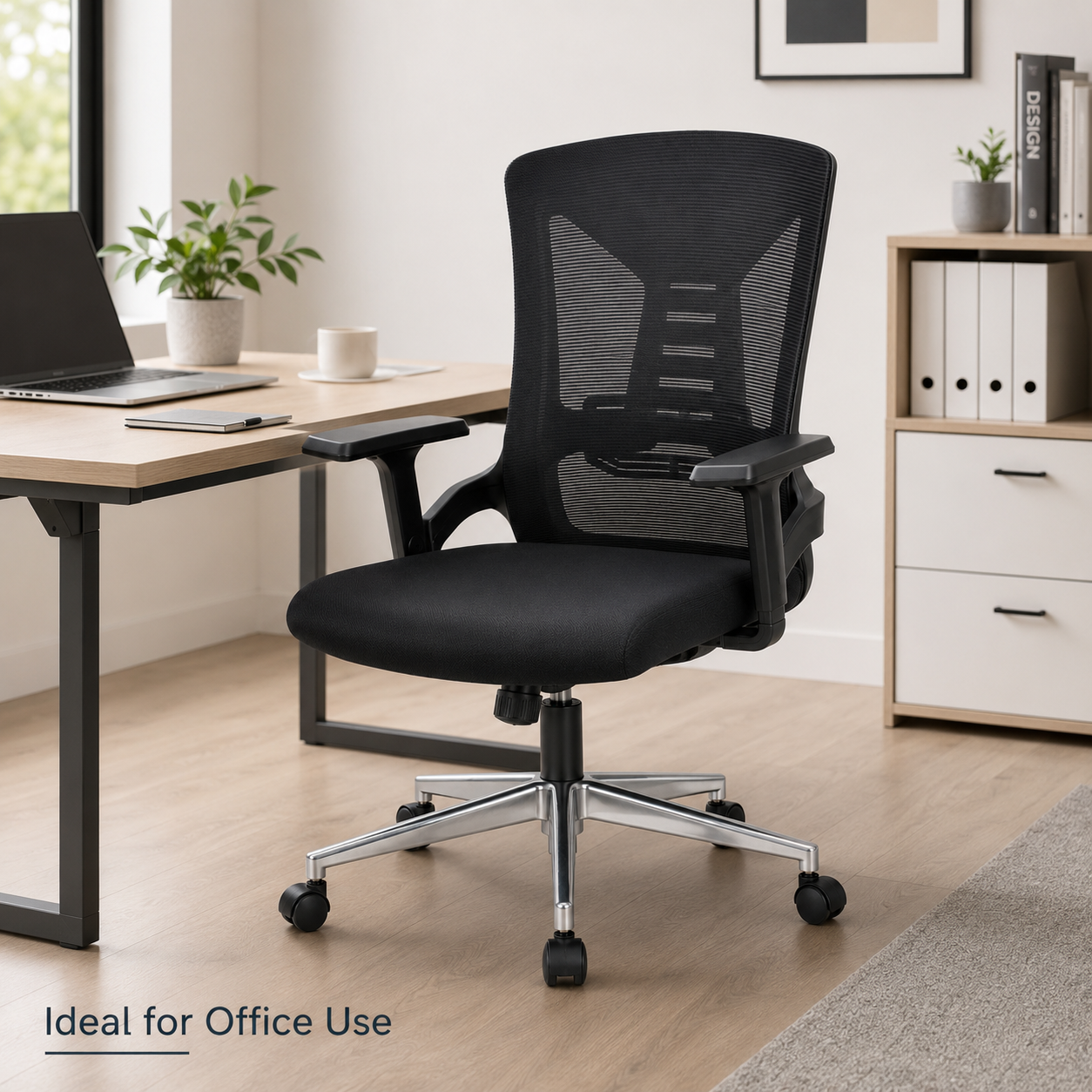 Ergonomic Mesh Office Chair Mid-Back Desk Chair with Built-In Lumbar Support, Comfort Padded Cushion, 360° Swivel Chrome 5-Star Base for Home Office, Workspace (Black)