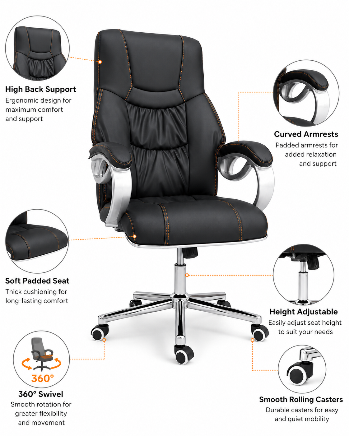 Luxury High-Back Executive Office Chair – Ergonomic PU Leather Desk Chair with Contrast Stitching, Comfortable Padded Armrests & Chrome Swivel Base for Boss, Home Office