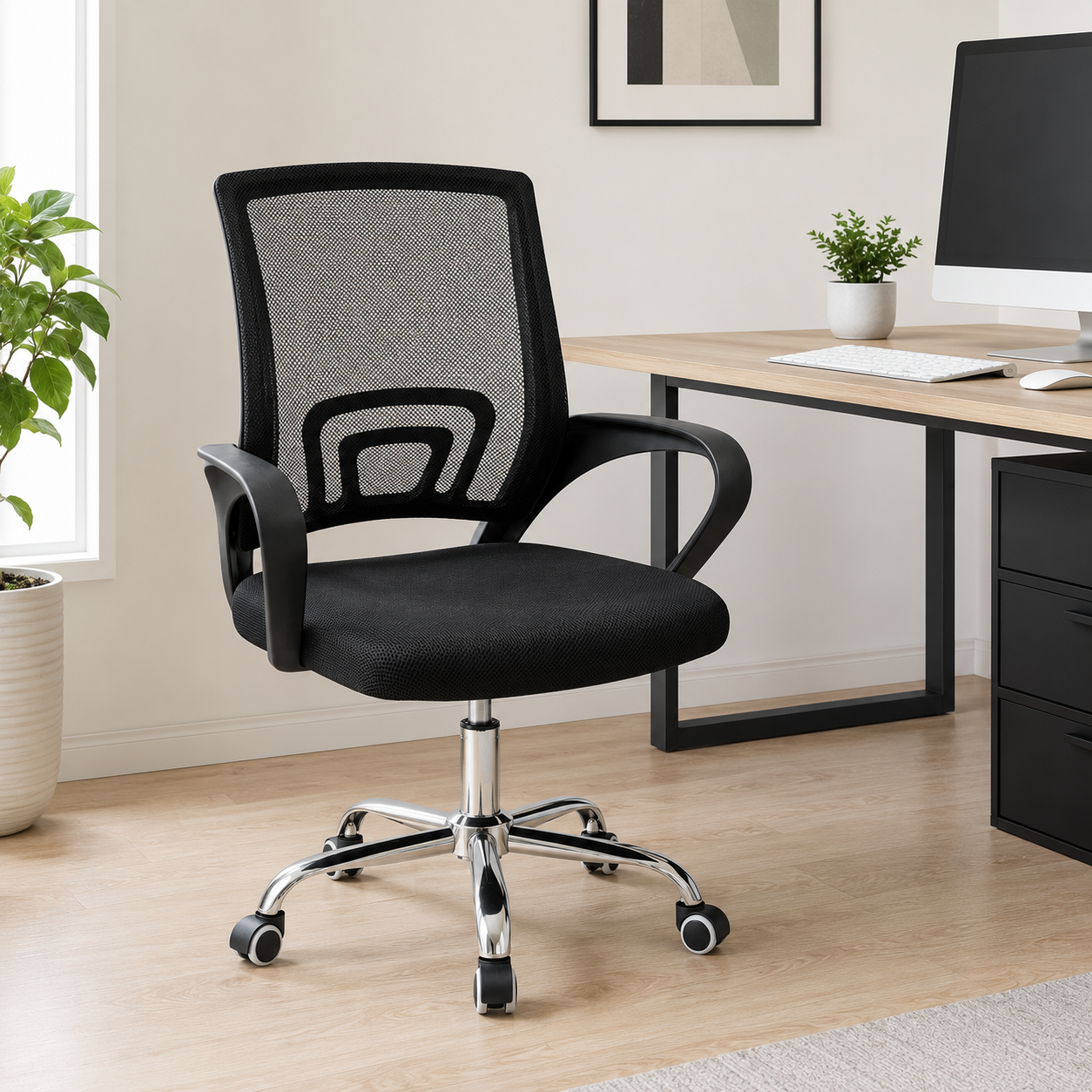 Ergonomic Mesh Office Chair – Breathable Mid-Back Desk Chair with Built-In Lumbar Support, Comfort Padded Seat & 360° Swivel Chrome Base for Home Office, Study (Black)