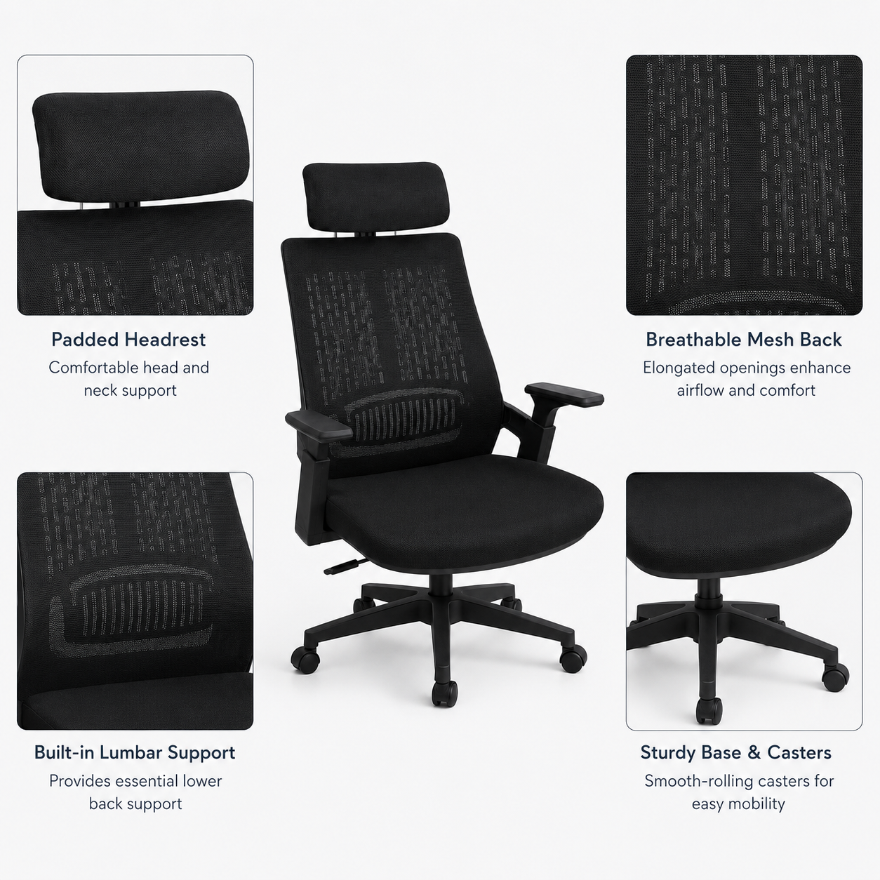 Ergonomic Mesh Office Desk Chair with Adjustable Headrest – High-Back Computer Swivel Chair, Built-in Lumbar Support & Cushioned Seat for Home Office, Executive Work
