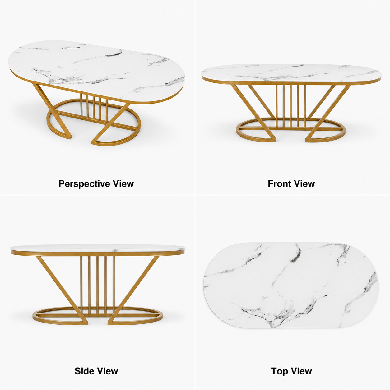 Modern Luxury Marble-Effect Coffee Table with Gold Metal Frame – 100cm Oval Living Room Center Table, Stable Base for Home, Airbnb, Executive Lounge