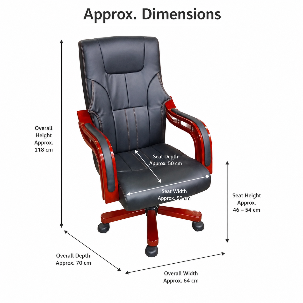 Luxury Executive Office Chair High-Back Padded PU Leather Desk Chair with Mahogany Wooden Frame Accent, 360° Swivel Base & Comfortable Ergonomic Armrests (Black)