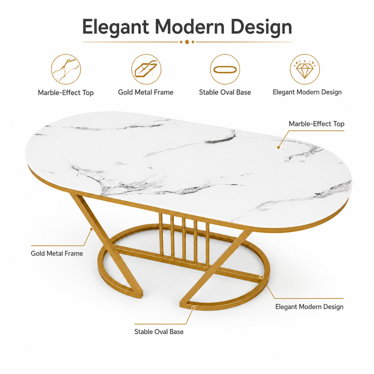 Modern Luxury Marble-Effect Coffee Table with Gold Metal Frame – 100cm Oval Living Room Center Table, Stable Base for Home, Airbnb, Executive Lounge