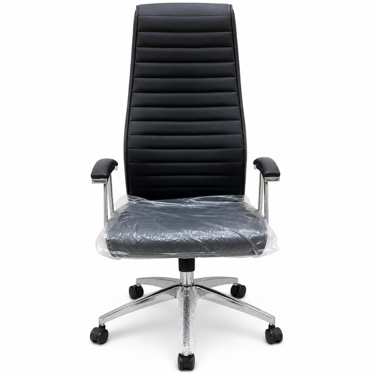 Premium Executive Office Chair – High-Back Ribbed PU Leather Desk Chair with Padded Chrome Armrests & 360° Swivel Base for Work & Study (Black)