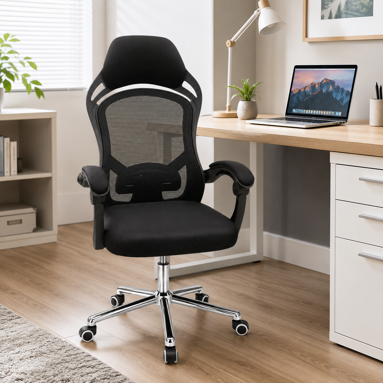 Ergonomic Mesh Executive Office Chair High-Back Desk Chair with Integrated Headrest, Lumbar Support, 360° Swivel Chrome Base & Padded Armrests (Black)
