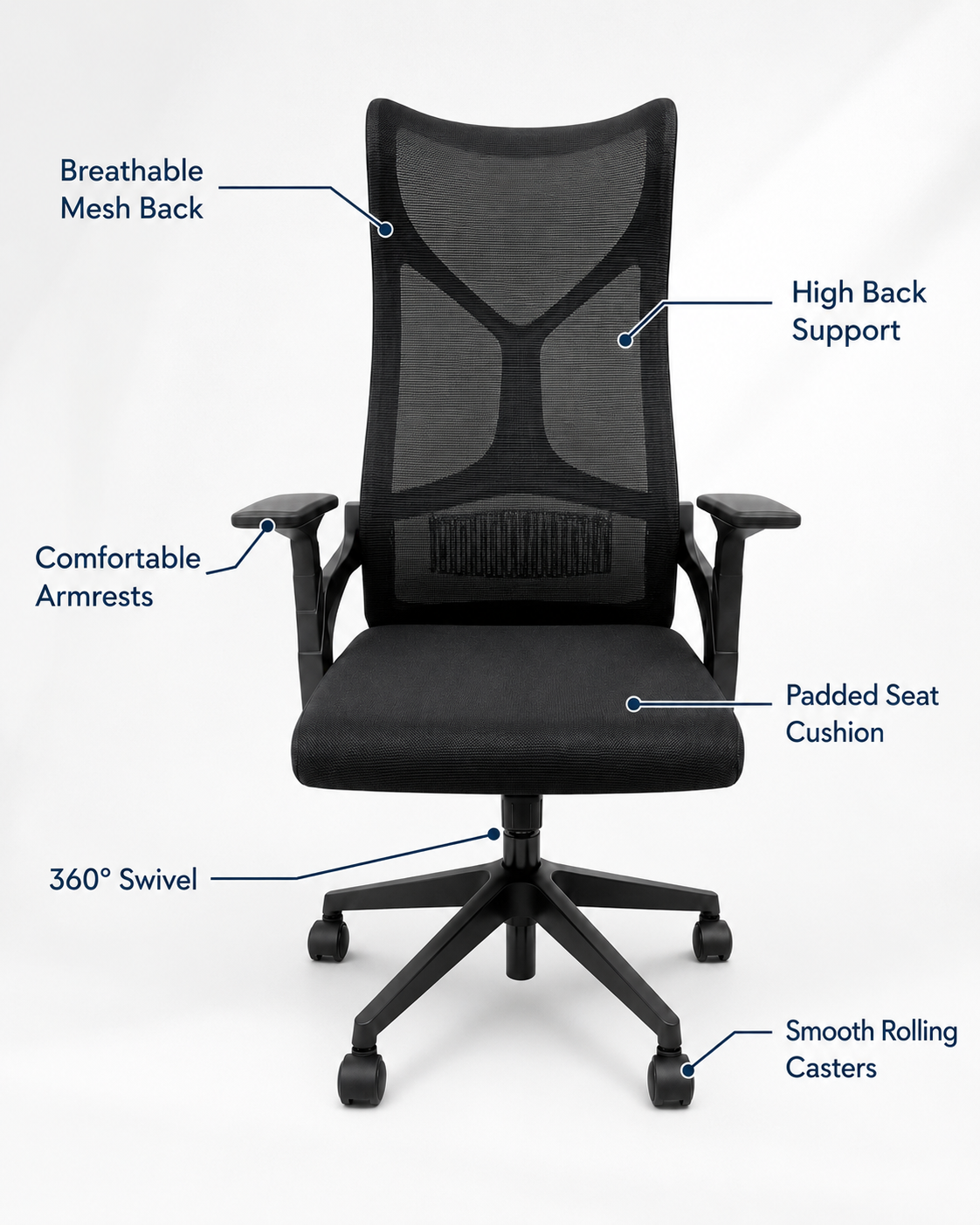 Ergonomic High-Back Mesh Office Chair with Lumbar Support & Padded Seat - 360° Swivel Executive Desk Chair with Adjustable Height (Black)
