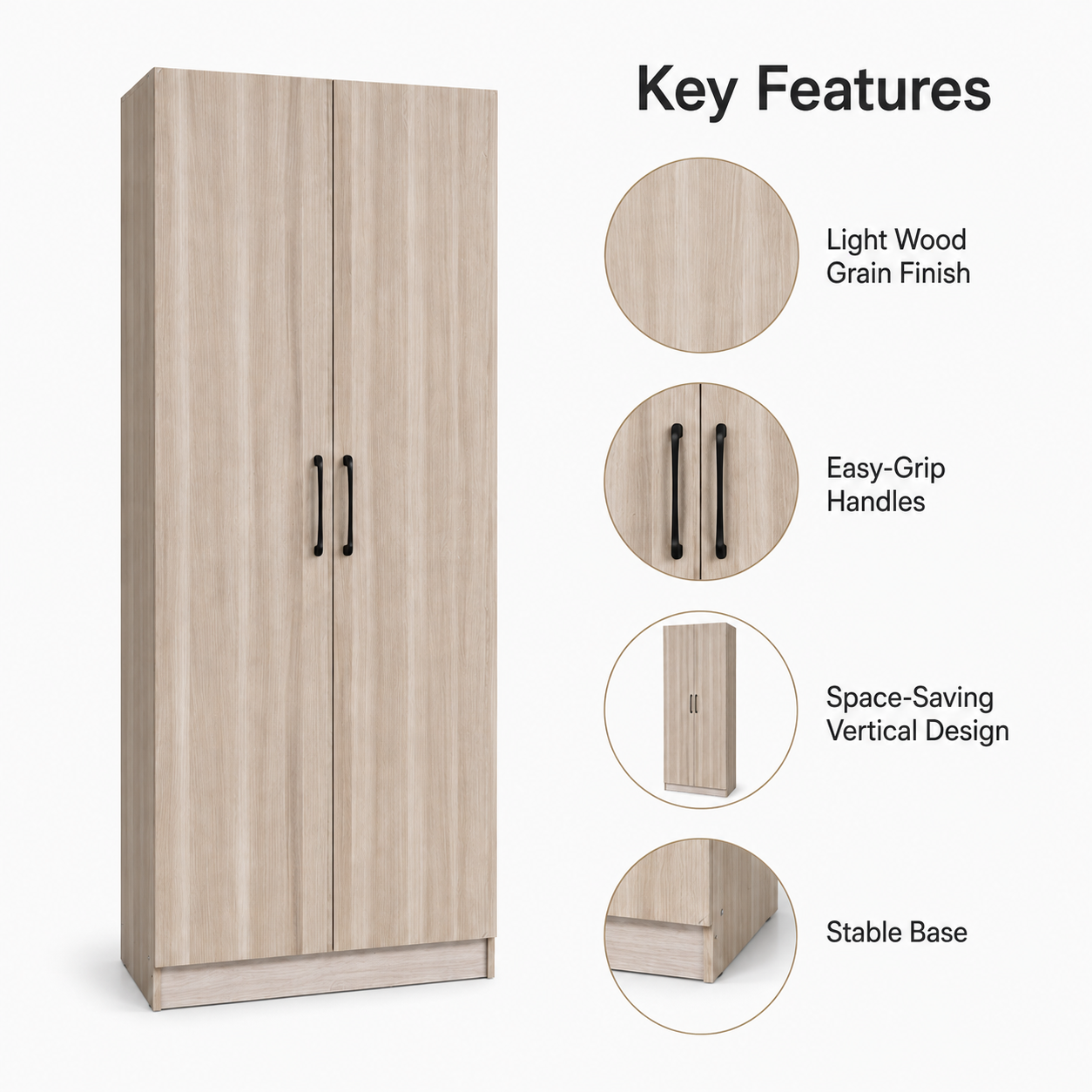 Modern 2-Door Wooden Wardrobe Closet Cabinet with Hanging Rod & Storage Shelves - Slim Space-Saving Bedroom Armoire (60x45x180cm)