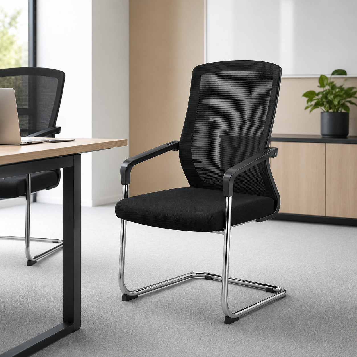Ergonomic Mid-Back PU Leather Executive Office Chair with Chrome Base & Padded Armrests - 360° Swivel Height-Adjustable Computer Desk Chair (Black)