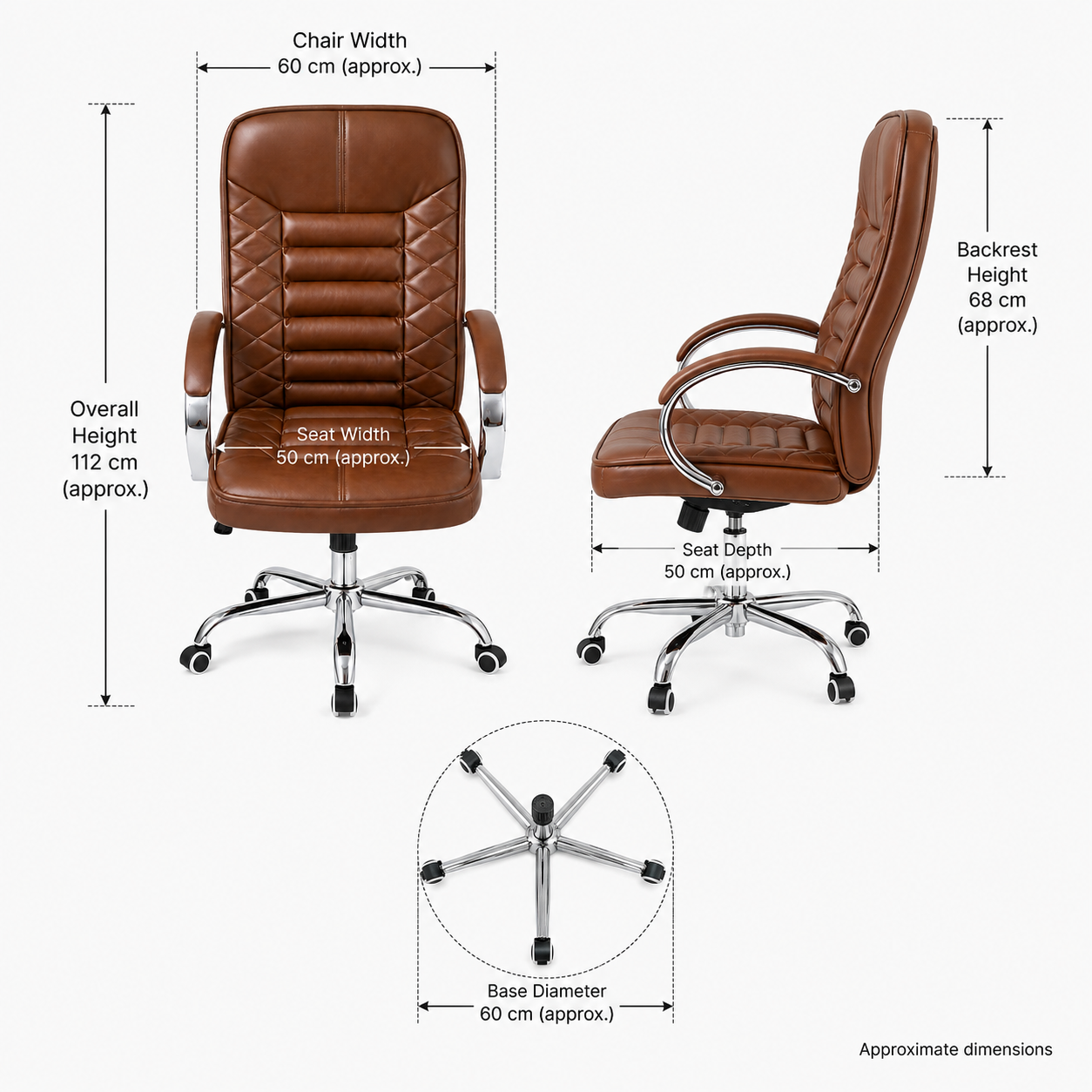 Executive High-Back Office Chair, Diamond Quilted PU Leather Desk Chair with Padded Chrome Armrests & Base - Brown