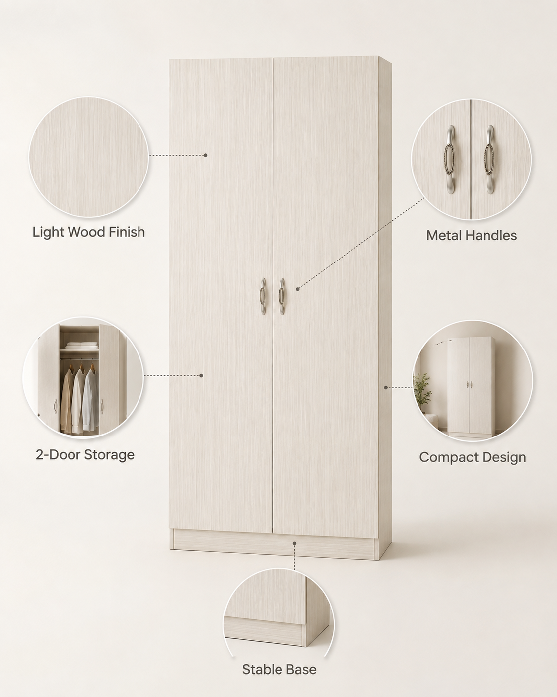 Modern 2-Door Wooden Wardrobe Storage Cabinet with Hanging Rail & Shelves - Space-Saving Bedroom Armoire (75x45x180cm)