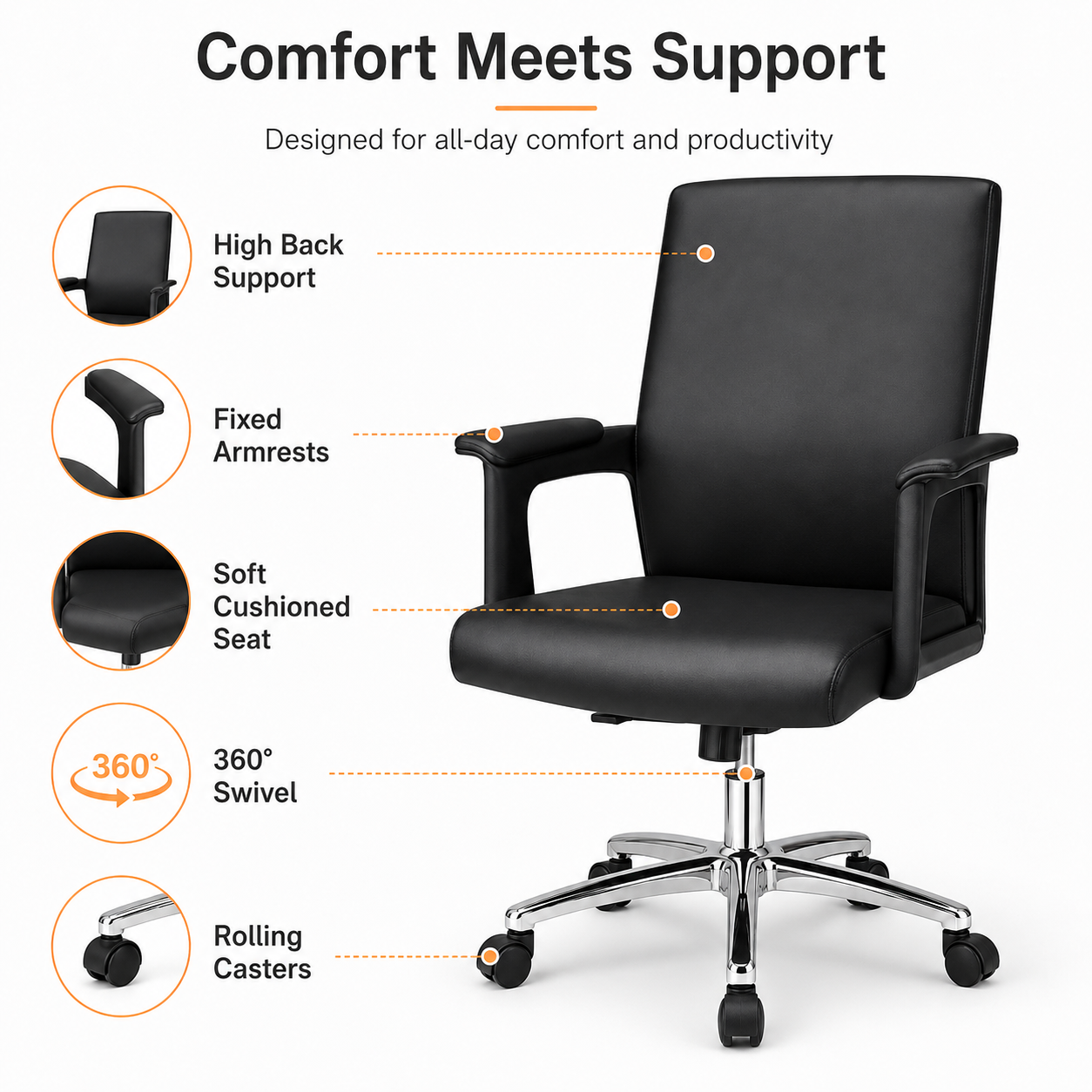 Ergonomic Mid-Back PU Leather Executive Office Chair with Chrome Base & Padded Armrests - 360° Swivel Height-Adjustable Computer Desk Chair (Black)