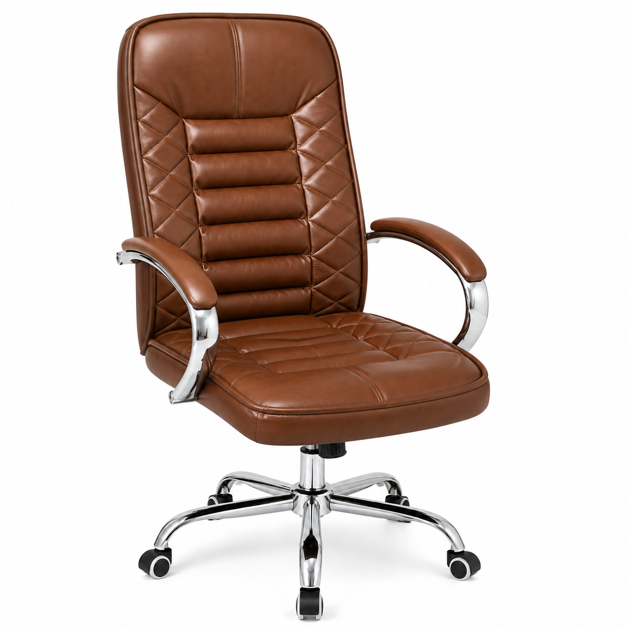 Executive High-Back Office Chair, Diamond Quilted PU Leather Desk Chair with Padded Chrome Armrests & Base - Brown
