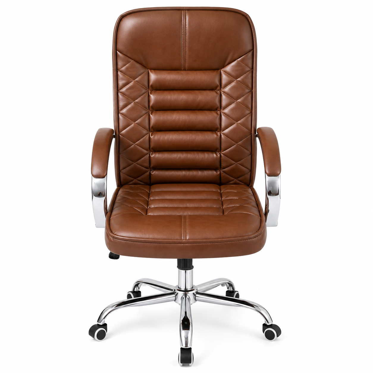Executive High-Back Office Chair, Diamond Quilted PU Leather Desk Chair with Padded Chrome Armrests & Base - Brown