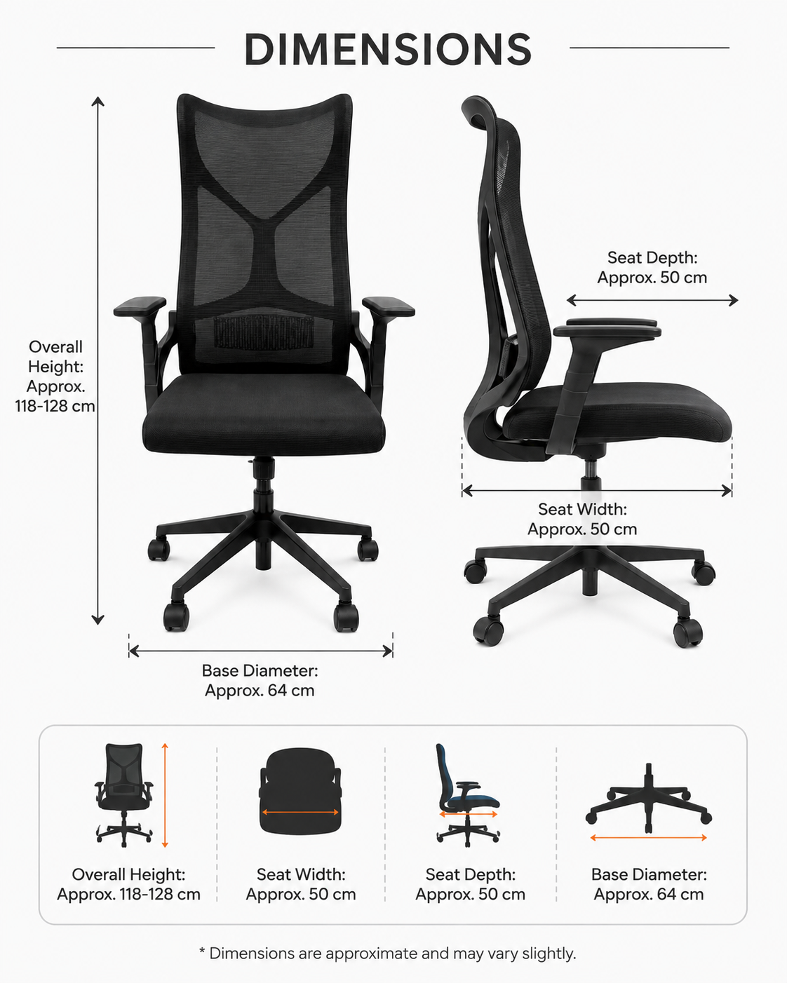 Ergonomic High-Back Mesh Office Chair with Lumbar Support & Padded Seat - 360° Swivel Executive Desk Chair with Adjustable Height (Black)