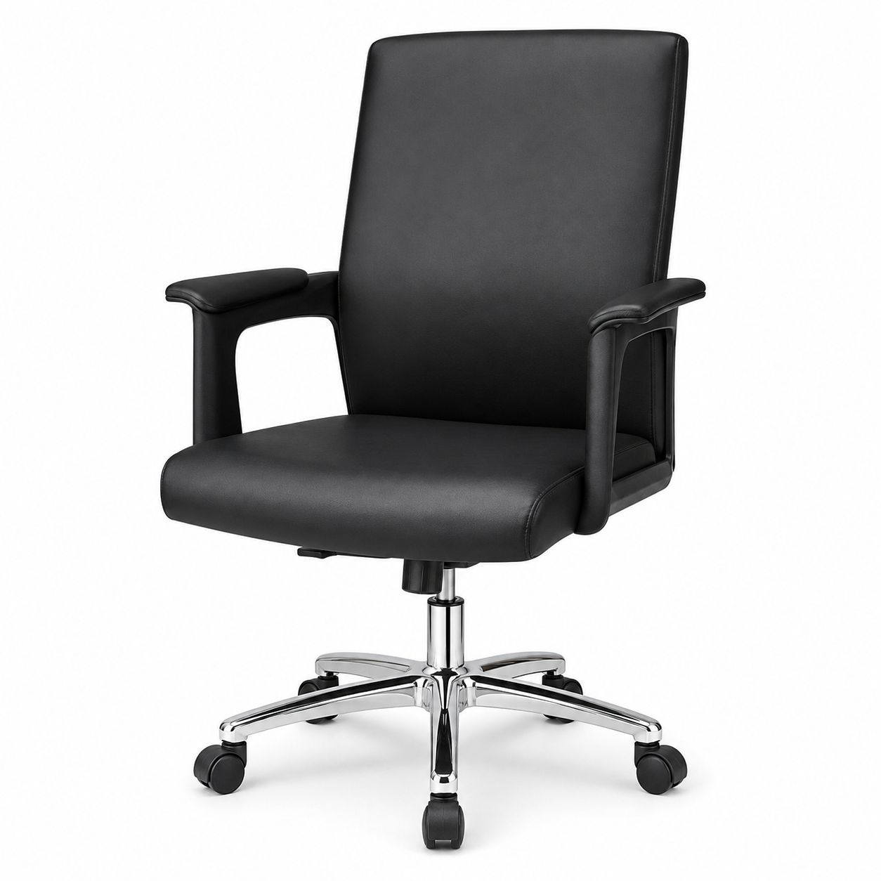 Ergonomic Mid-Back PU Leather Executive Office Chair with Chrome Base & Padded Armrests - 360° Swivel Height-Adjustable Computer Desk Chair (Black)