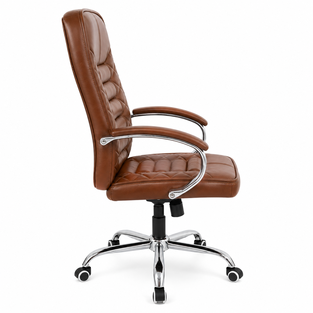 Executive High-Back Office Chair, Diamond Quilted PU Leather Desk Chair with Padded Chrome Armrests & Base - Brown