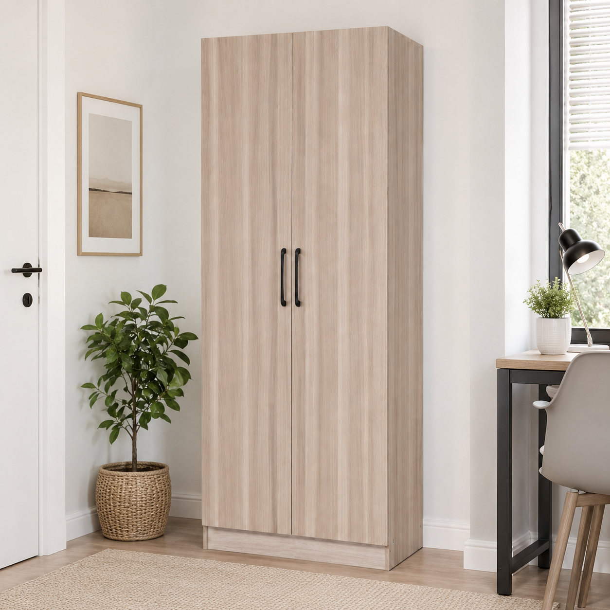 Modern 2-Door Wooden Wardrobe Closet Cabinet with Hanging Rod & Storage Shelves - Slim Space-Saving Bedroom Armoire (60x45x180cm)