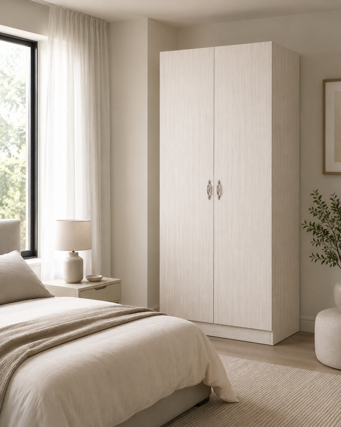 Modern 2-Door Wooden Wardrobe Storage Cabinet with Hanging Rail & Shelves - Space-Saving Bedroom Armoire (75x45x180cm)