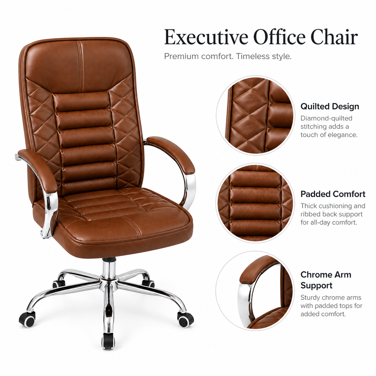 Executive High-Back Office Chair, Diamond Quilted PU Leather Desk Chair with Padded Chrome Armrests & Base - Brown