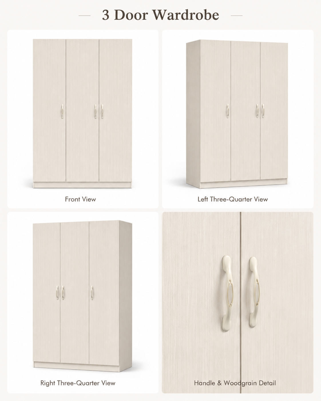Modern 3-Door Wooden Wardrobe Closet Cabinet with Shelves & Hanging Rail - Large Bedroom Storage Armoire (120x45x180cm)