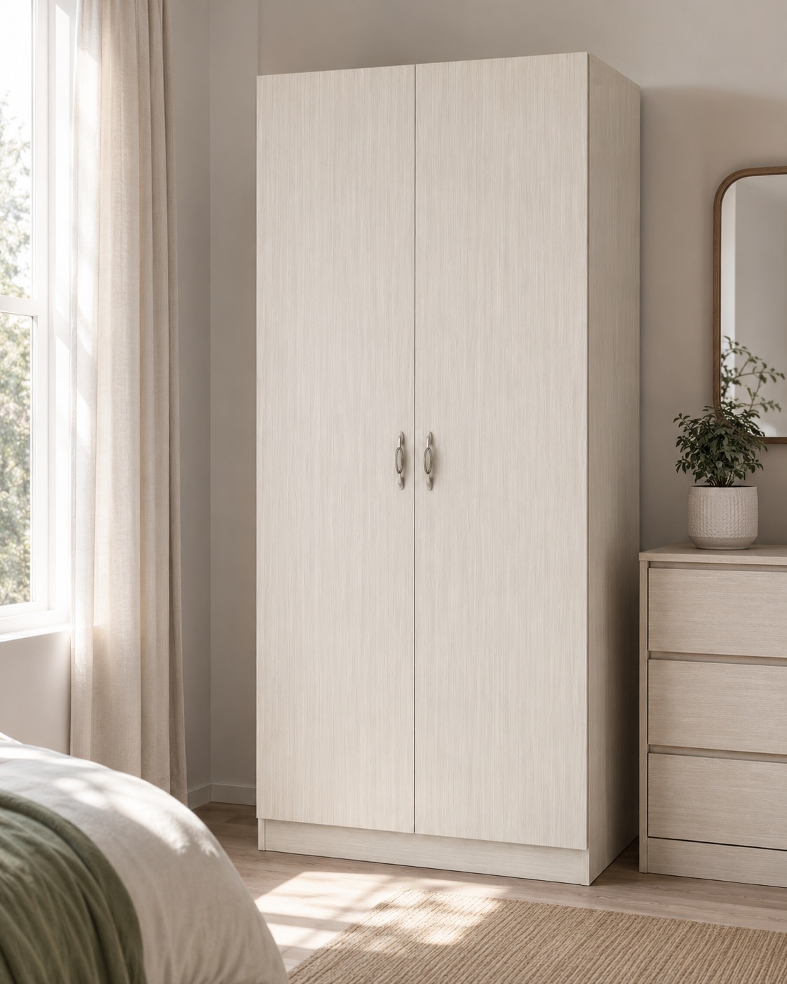 Modern 2-Door Wooden Wardrobe Storage Cabinet with Hanging Rail & Shelves - Space-Saving Bedroom Armoire (75x45x180cm)