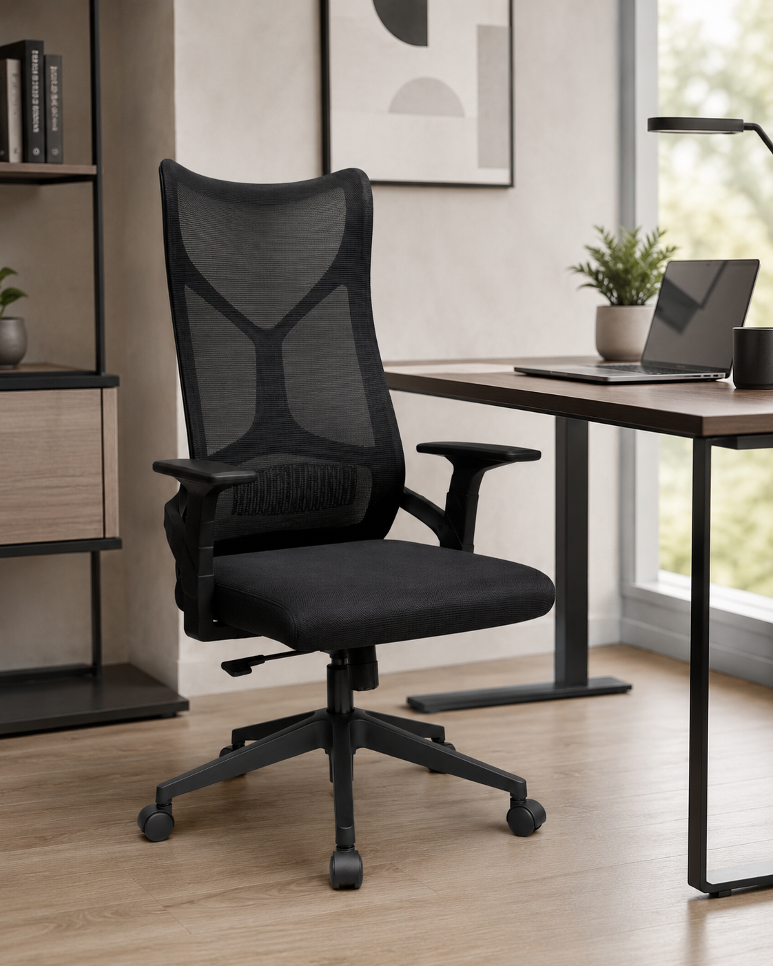 Ergonomic High-Back Mesh Office Chair with Lumbar Support & Padded Seat - 360° Swivel Executive Desk Chair with Adjustable Height (Black)