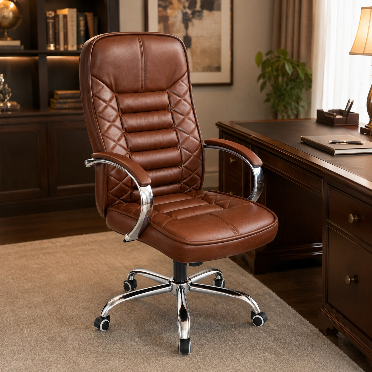 Executive High-Back Office Chair, Diamond Quilted PU Leather Desk Chair with Padded Chrome Armrests & Base - Brown