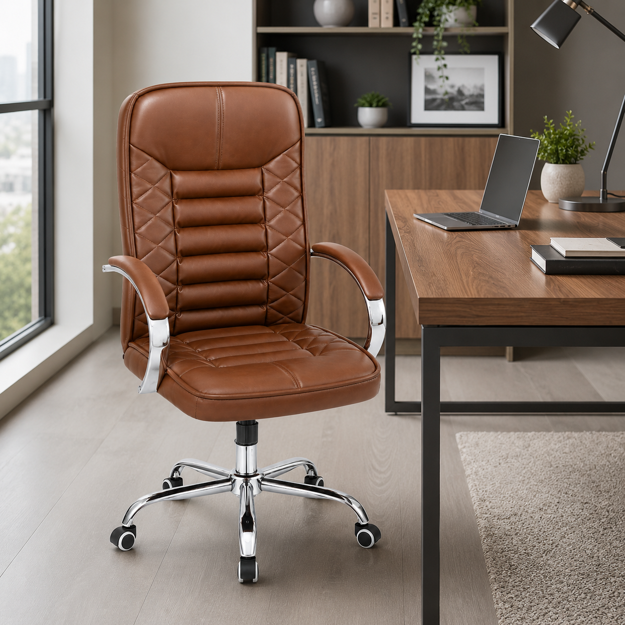 Executive High-Back Office Chair, Diamond Quilted PU Leather Desk Chair with Padded Chrome Armrests & Base - Brown
