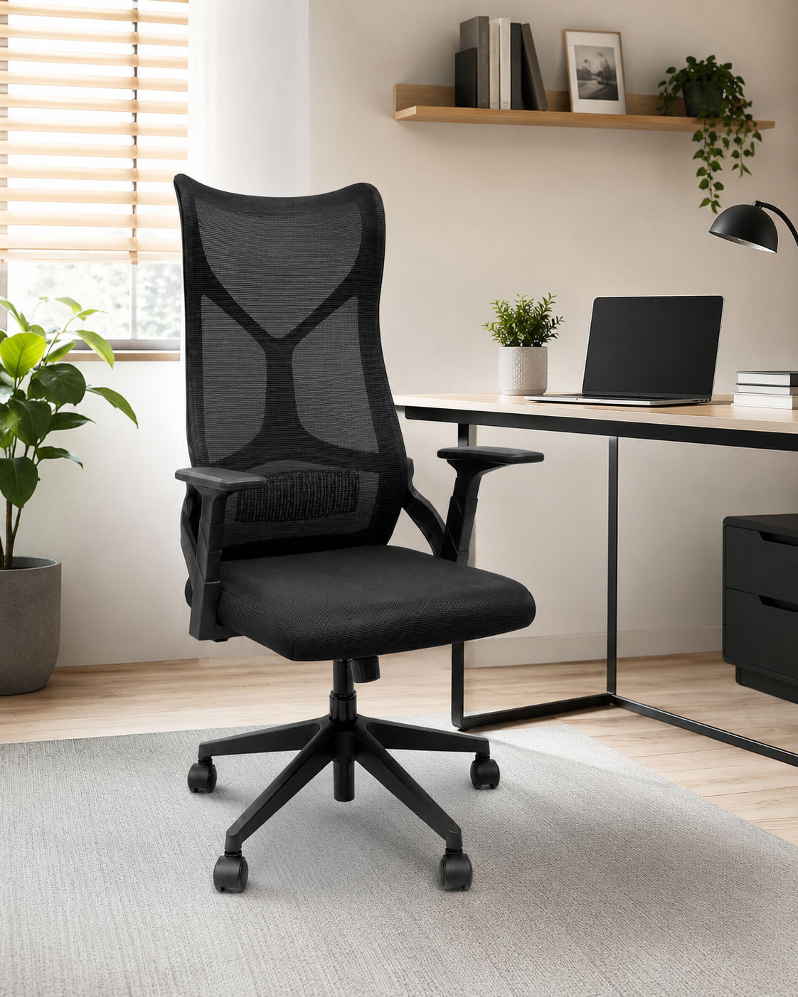 Ergonomic High-Back Mesh Office Chair with Lumbar Support & Padded Seat - 360° Swivel Executive Desk Chair with Adjustable Height (Black)