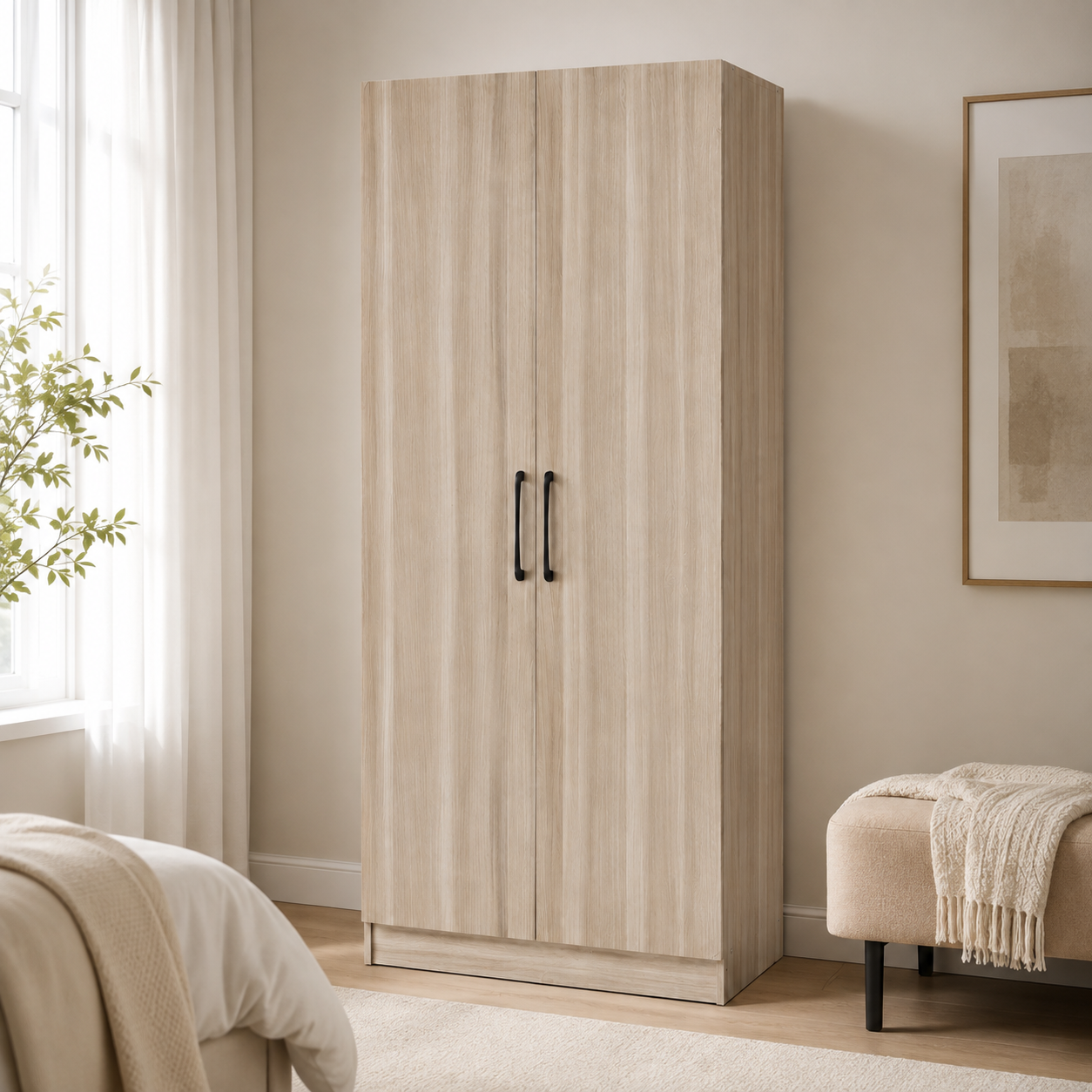 Modern 2-Door Wooden Wardrobe Closet Cabinet with Hanging Rod & Storage Shelves - Slim Space-Saving Bedroom Armoire (60x45x180cm)